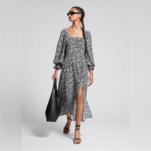 & Other Stories B&W Boho Floral Smocked Square-Neck Midi Dress w/ Side Slit